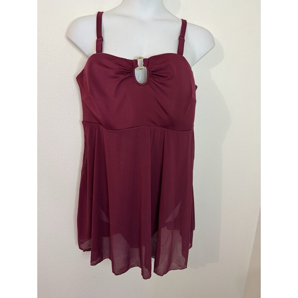 Swim By Cacique Swimsuit Womens Plus 24 One Piece Maroon Red Skirted EUC No Wire